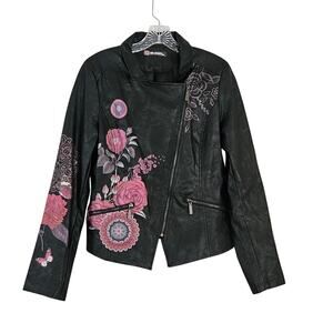 101 Idees Faux Leather Moto Jacket Floral Ethnic Print Black Sz M/L